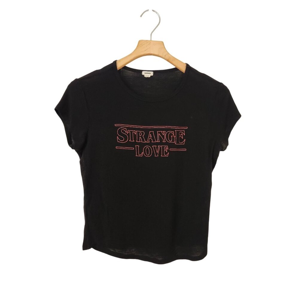 Garage Strange Love Black Graphic Tee Crop Comfy Casual Punk Gothic Edgy Medium